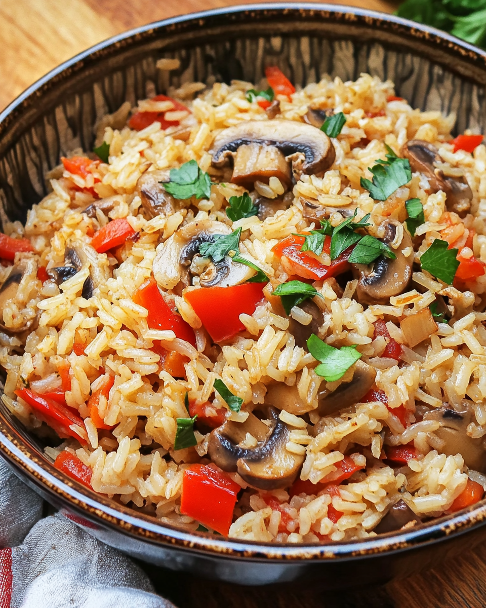 Fluffy, Flavorful Mushroom & Bell Pepper Rice Pilaf Recipe